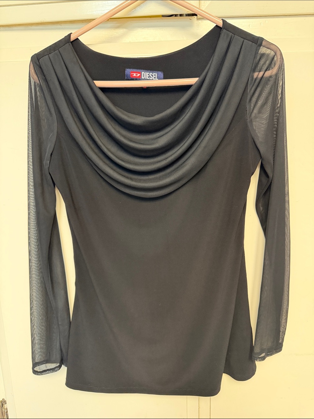 Diesel Black Long Sleeve Draped Cowl Neck Top with Sheer Sleeves